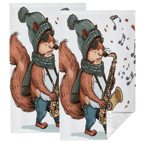 Nawypu Hand Towel Squirrel Saxophone, Super Soft and Absorbent, Set of 2, Ideal for Kitchens, Bathrooms, Showers 27.5*16in