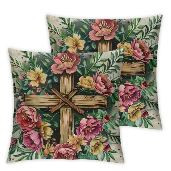 Nawypu Happy Easter Bunny Decorative Throw Pillow Covers He is Risen Religious Cross Rabbit Porch Patio Outdoor Pillowcase, Rose Floral Flowers Sofa Couch Cushion Case Home Decor 2pc