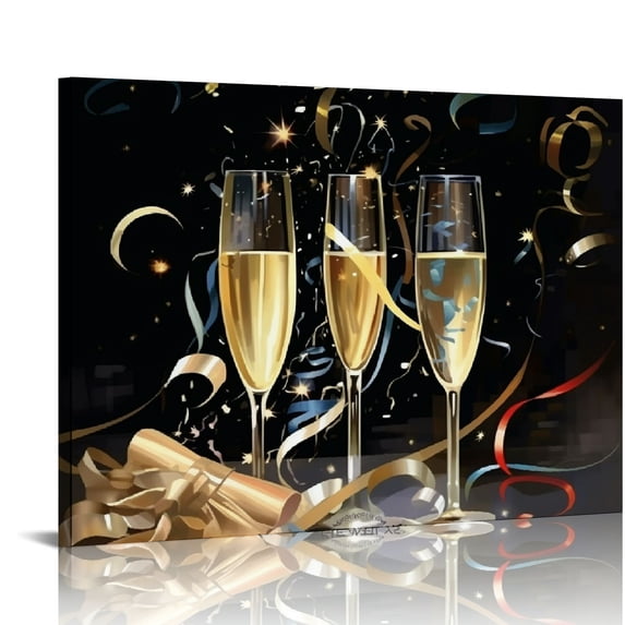 Nawypu Happy New Year Modern Art Wall Decor for Living Room/Bedroom, Yellow Champagne Fireworks Ribbon Large Canvas Art Painting Framed Ready to Hang