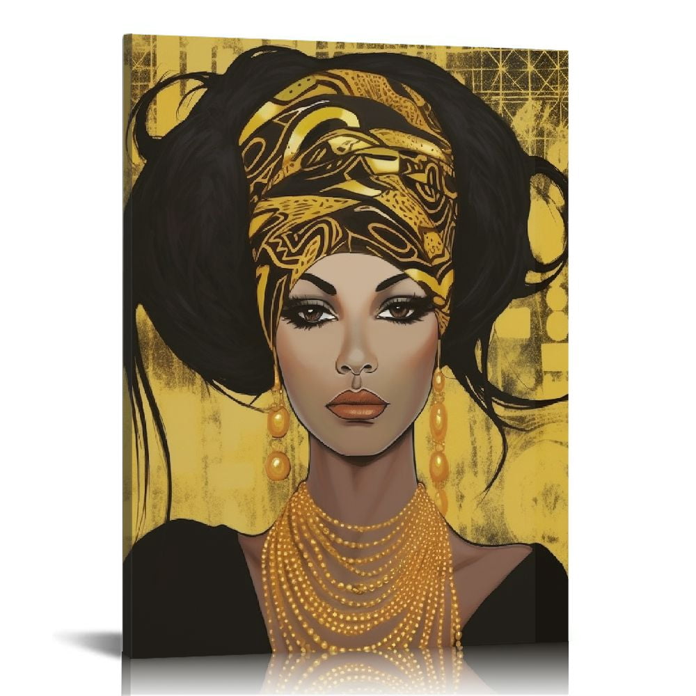 Nawypu Headwrap African American Woman Canvas Wall Art Print with Golds ...