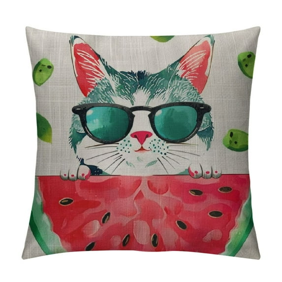 Nawypu  Hello Summer Pillow Decorative Pillow Cover Cute Watercolor Cat in Sunglasses Eating Watermelon Throw Pillow Case French Decor Rustic Cushion Cover for Sofa Couch