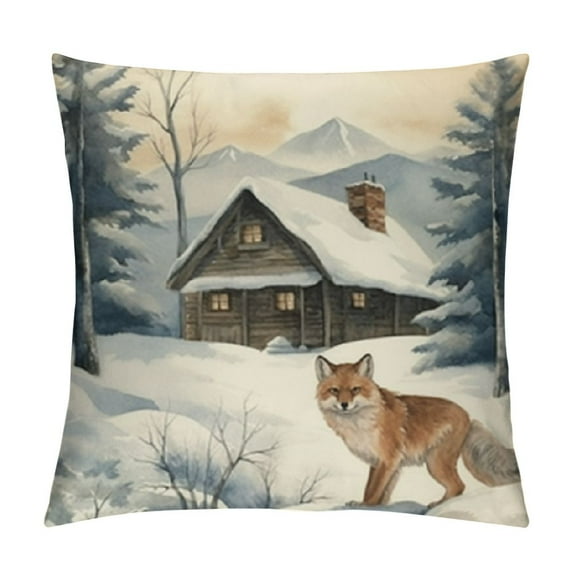 NJEUXUS Wonderland Reindeer Fox Decorative Throw Pillow Covers , Blue Watercolor Tree Mountain Sofa Cushion Case