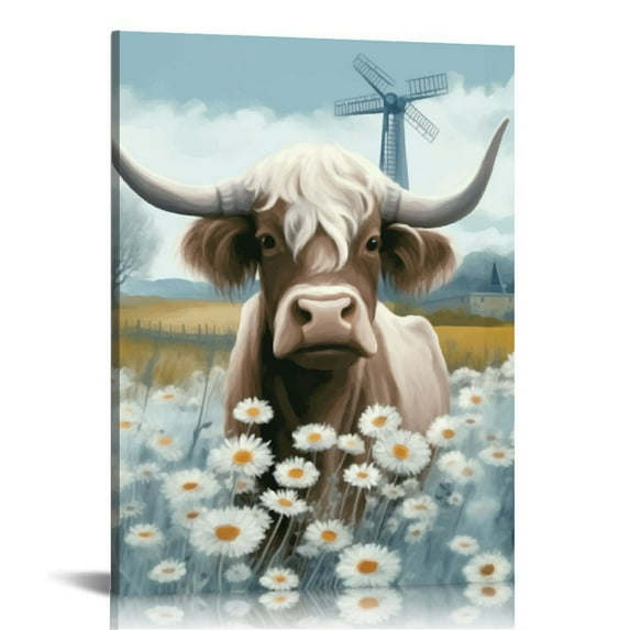 Nawypu Highland Cow Bathroom Wall Art Rustic Farmhouse Picture Cute Cattle in the White Daisy Flower Bush Animal Canvas Print Painting Framed Artwork for Kitchen Bedroom Living Room Office Decor