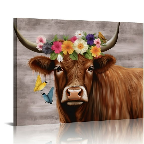 Nawypu Highland Cow Canvas Wall Art Funny Farm Animal with Little Birds Painting for Rustic Farmhouse Decor Stretched and Framed Ready to Hang 20x16 inch