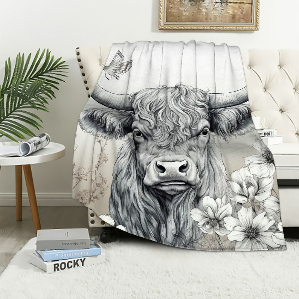Nawypu Highland Cow Flower Blanket Bull Cattle Throw Blanket Western