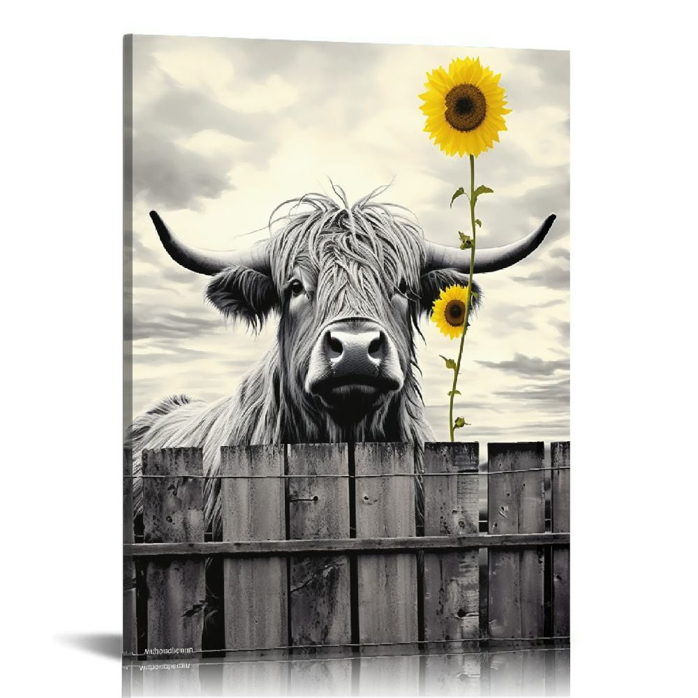 Highland Cow Black and White Canvas Wall Art 16x20
