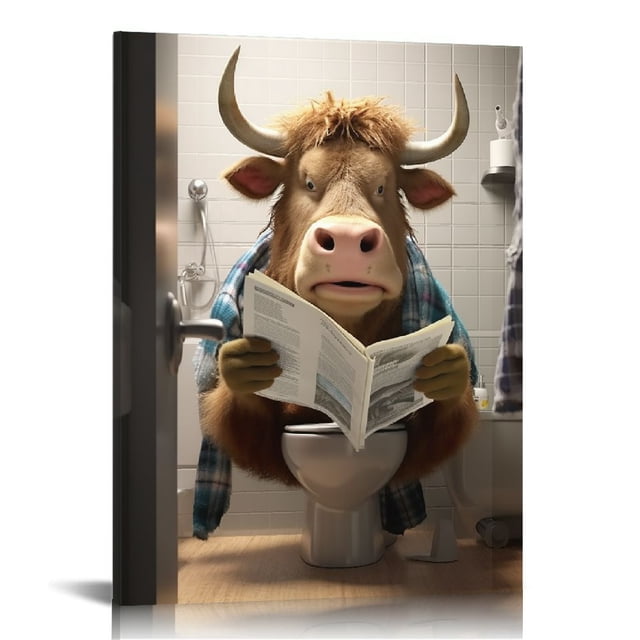Tableau Canvas Highland Cow On The Phone On The Toilet - Art Mural Humoristique, Encadré, Prêt à Accrocher