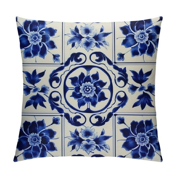 Nawypu  Home Decor Pillow Cover  Blue and White Porcelain Pillowcase Blue Floral Check Retro Lumbar Cushion Cover Rectangular Blue Farmhouse Decoration for Sofa Couch