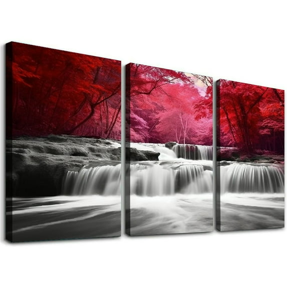 Nawypu Home Wall Art Décor of Wide Waterfall and Red Leaves,Maple Leaves Canvas Prints Pictures Painting Artwork,Beautiful Black White and Red Landscape Paintings 12''x16''X3 Panels