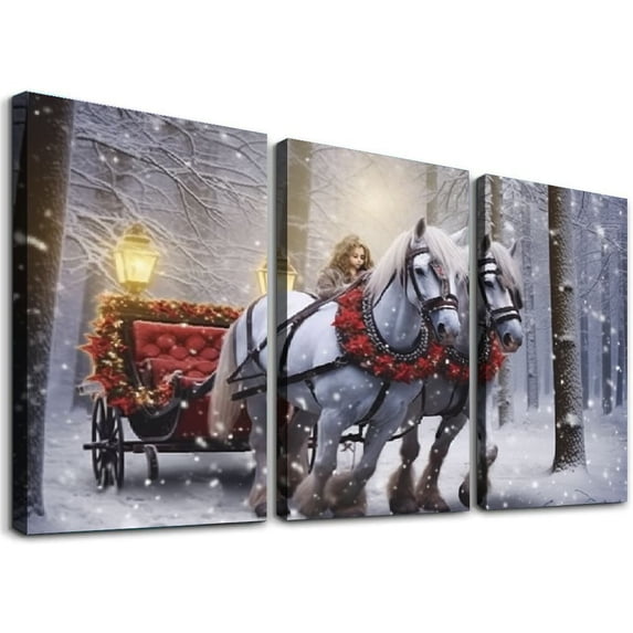 Nawypu Horse Drawn Sleigh LED Canvas Print Snowy Winter Scene Light Up Wall Art with Cardinals 12''x16''X3 Panels