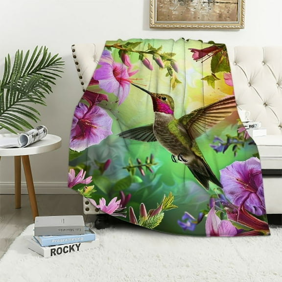 Nawypu Hummingbird Flower Blanket Gifts for Women Mom, Bird Floral Decor for Home Bedroom Living Room Lounge Car, Soft Comfortable Lightweight Throw Blankets Purple