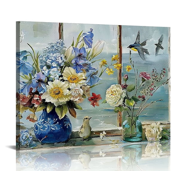 Nawypu Hummingbird Flowers Bathroom Wall Art Farmhouse Floral Hummingbirds Bathroom Pictures Bathroom Wall Decor Floral Bathroom Window Style Canvas Prints Painting Framed Artwork for Bedroom