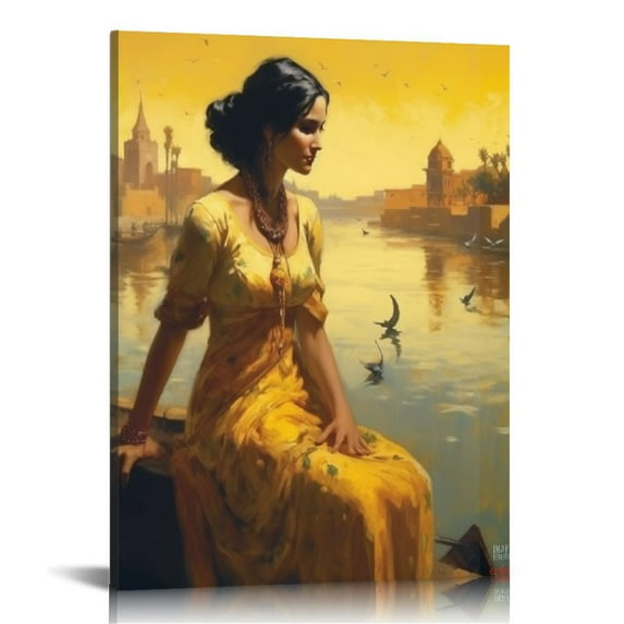 Nawypu Indian Woman Contemplates Harbor in Artistic Painting - Wall Decor Print of Traditional Indian Artwo Canvas Painting Wall Art Poster for Bedroom Living Room Decor