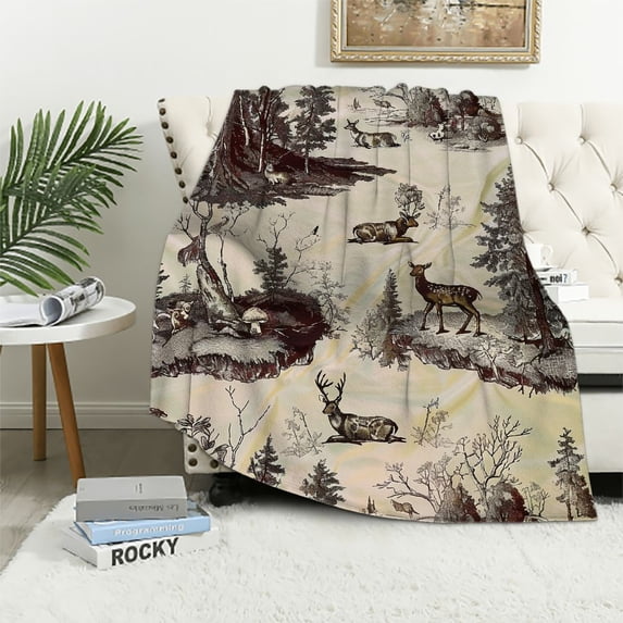 Nawypu Indigo Hill White Pine Sherpa Throw Blanket, Pine Tree Nature Mountain Bear Deer Elk Print, Western Blanket for Camping Outdoor, Cabin Lodge Rustic Sherpa Blanket,