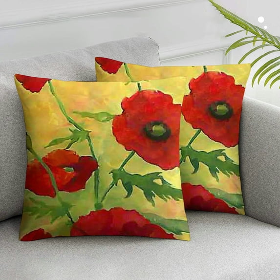 Nawypu Ink Painting Watercolor Red Poppy Flowers Yellow Background Decorative Throw Pillow Cover Case Home Living Room Bed Sofa Car 2pcs 12x12in