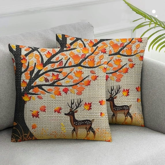 Nawypu Ink Painting Yellow Orange Maple Tree Leaves Deer Autumn Decorative Lumbar Throw Pillow Cover Case Home Living Room Bed Sofa Car Rectangular 2pcs