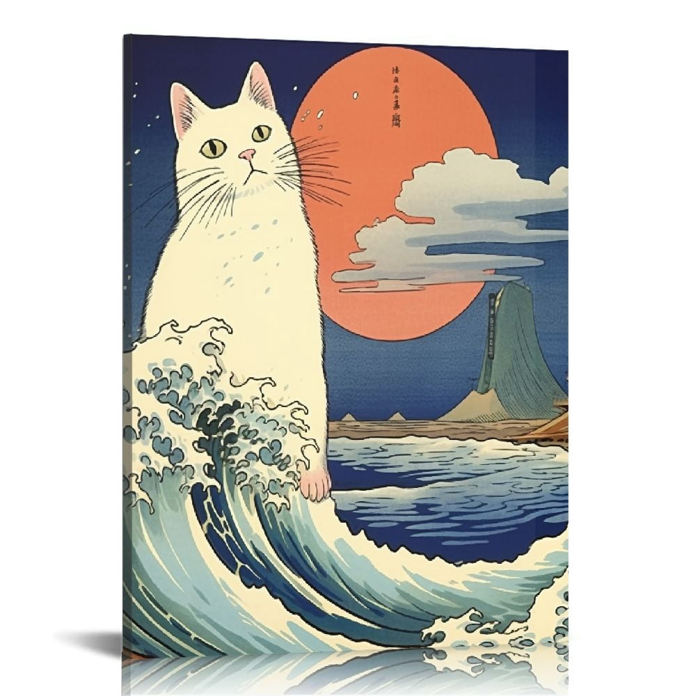 Nawypu Japanese Cat Canvas Wall Art Japanese Landscape Poster Black and ...