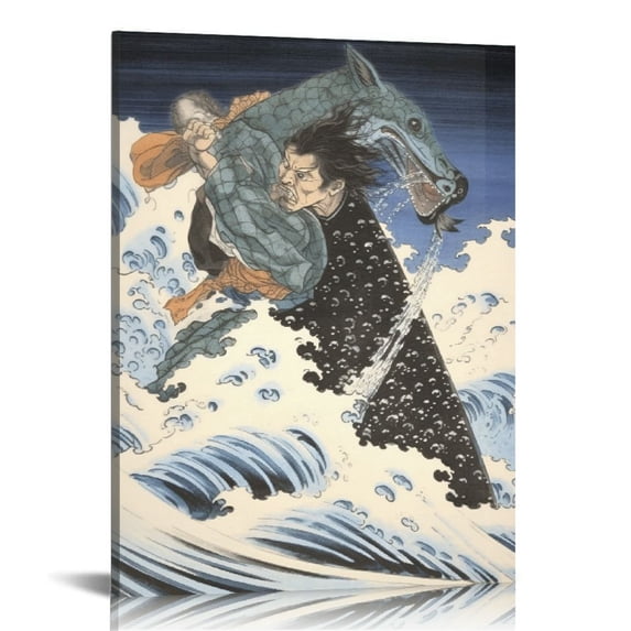 Nawypu  Japanese Painting Canvas Wall Art Decor  Katsushika Hokusai Landscape General Kamakura and Crocodile Artwork Reproduction Picture Prints Gallery Wrapped Triptych Room Decoration