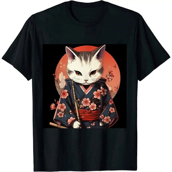 Nawypu Japanese Samurai Cat Tattoo, Kawaii Ninja Cat T-Shirt