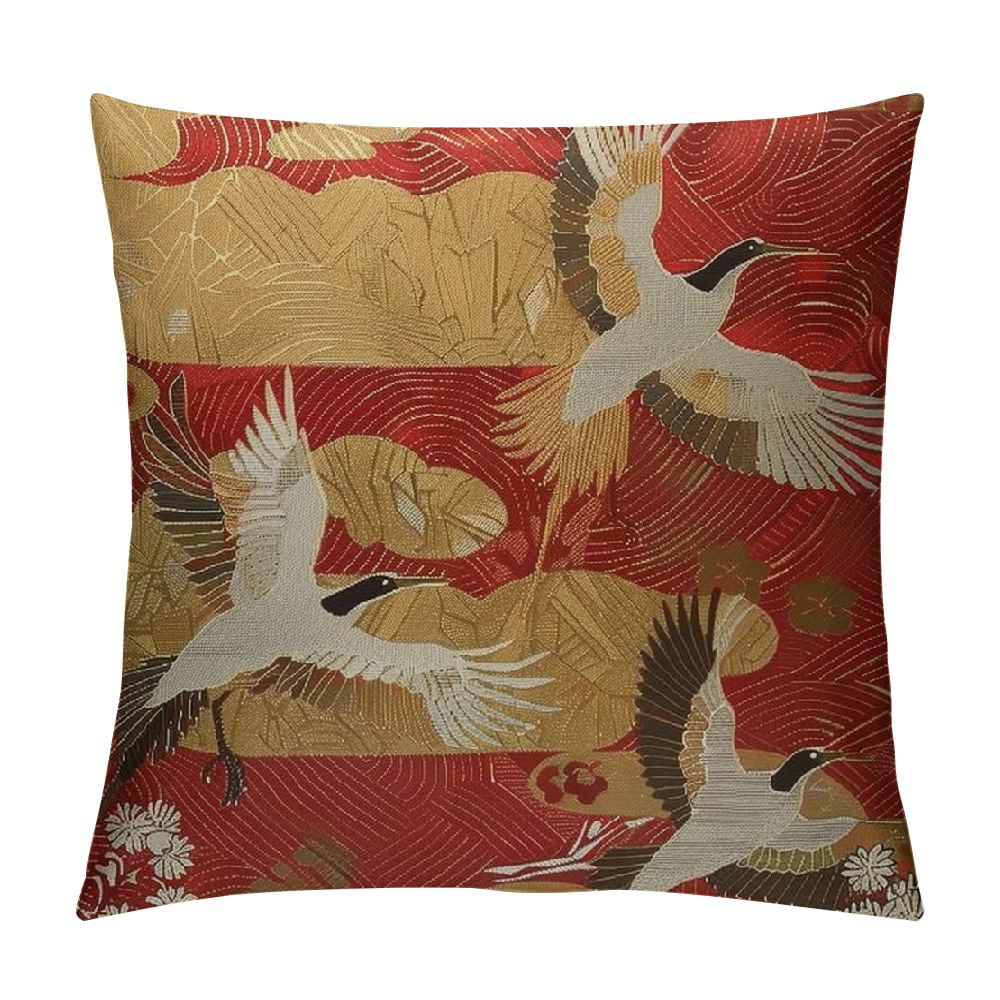 Nawypu Japanese Throw Pillow Cover,Asian Oriental Two Cranes and Chrysanthemums Japan Wave ...