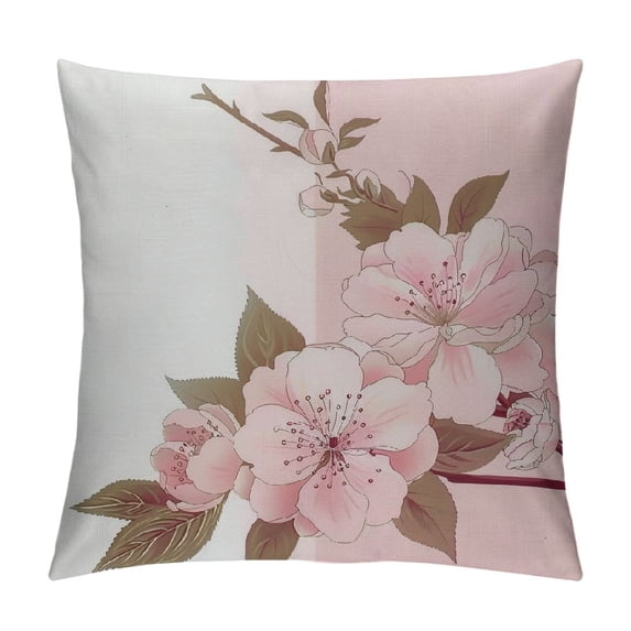 Nawypu Japanese Throw Pillow Cushion Cover, Romantic Sakura Blooms Flowers Petals Spring Wind Eastern Nature Theme, Decorative Square Accent Pillow Case,Sand Brown Pale Pink
