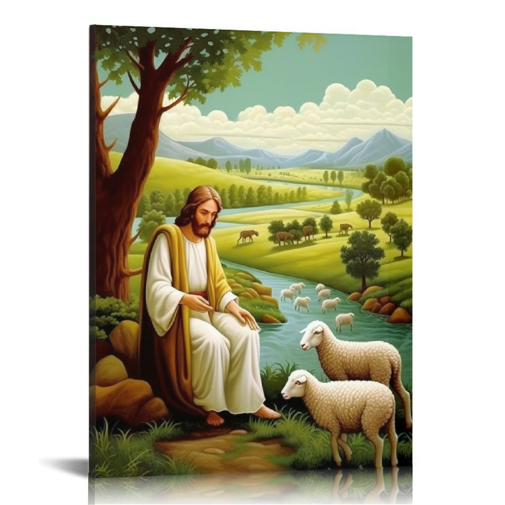 AEFER Jesus Leaves The 99 SHeep Canvas Wall Art Christian Jesus The Good Shepherd Wall Decor Picture Jesus Lamb Religious Poster Print Living Room Bedroom Ch