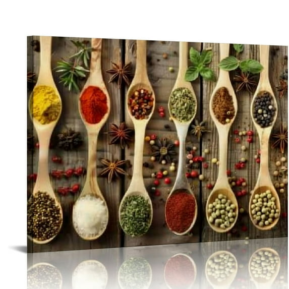 Nawypu K70250 kitchen decor Colorful Spices In Wooden Spoons beautiful kitchen Wall Art Painting Canvas Prints Ready to Hang for kitchen Wall Decor Home Decoration