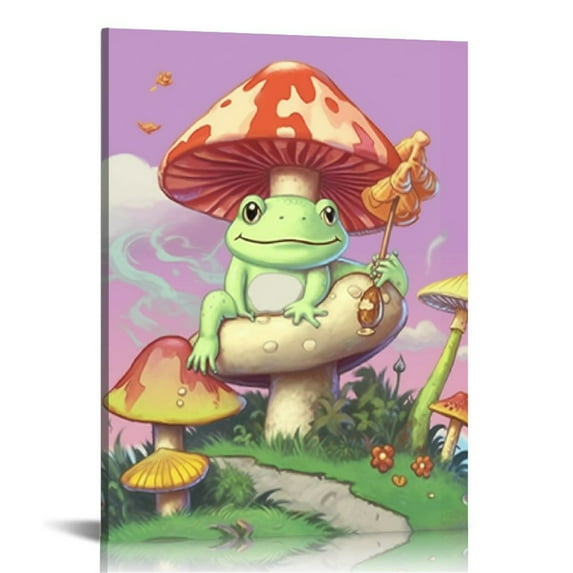Nawypu Kawaii Frog Mushroom Wall Art Print,japanese aesthetics Cute Room Decor,Funny Frog Mushroom Creativity Nature Illustration Canvas Art Painting for teen Bedroom Home Decor