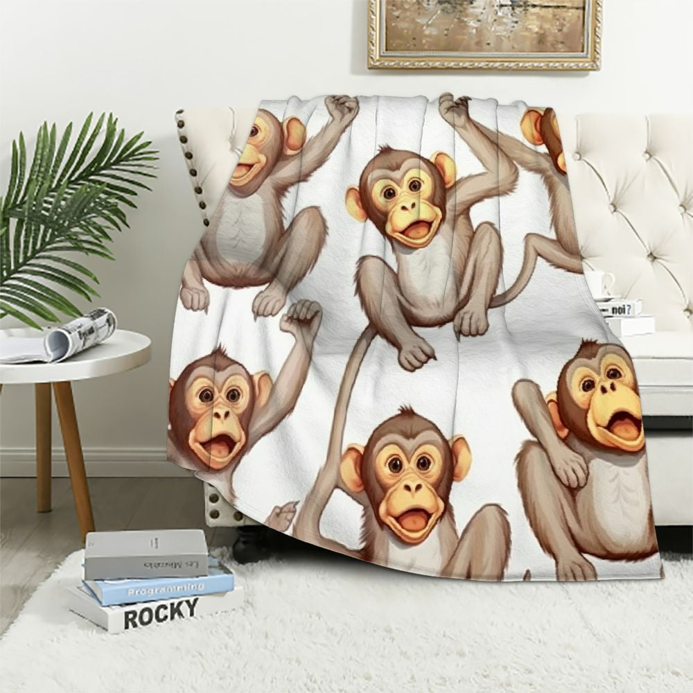 Nawypu Kids Cute Monkeys Throw Blanket Cartoon Monkey Banana Decor