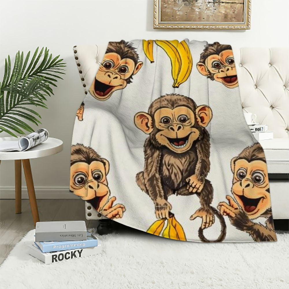 Nawypu Kids Cute Monkeys Throw Blanket Cartoon Monkey Banana Decor