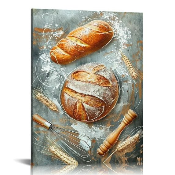 Nawypu Kitchen Wall Art Baking Utensils Bread The Picture of Food Stretched and Framed for Bakery House Cafe Dinning Room Restaurant Ready to Hang(Grey)