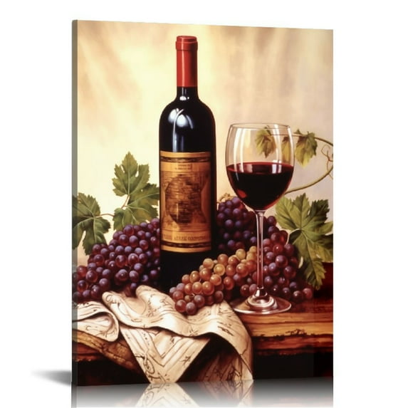 Nawypu Kitchen Wine Bottle Canvas Wall Art, Vintage Red Wine Glass Cup with Grapes Picture Prints Wall Decor, Modern Art Deco for Dining Room and Bar Wall Decoration