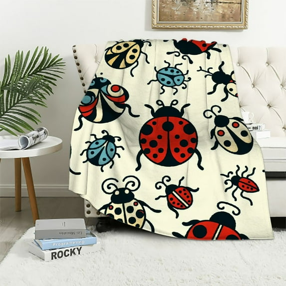 Nawypu Ladybug Throw Blanket,Flannel Cute Ladybuges Themed Stuffed Animal Yellow Throw, Soft Nap Throw Blankets for Home, Office for Women Ladybug Beetle Lovers Gifts