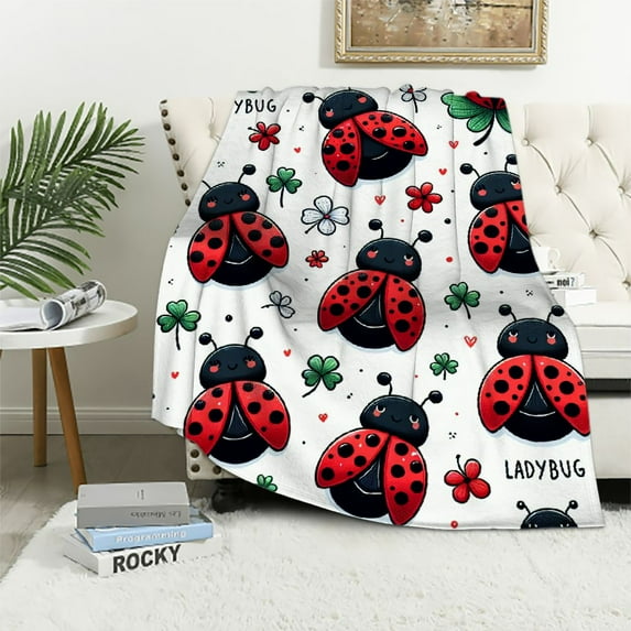 Nawypu Ladybug Throw Blanket - Soft, Fuzzy & Warm Small Blanket for Couch, Sofa - White Cute Throw Gift