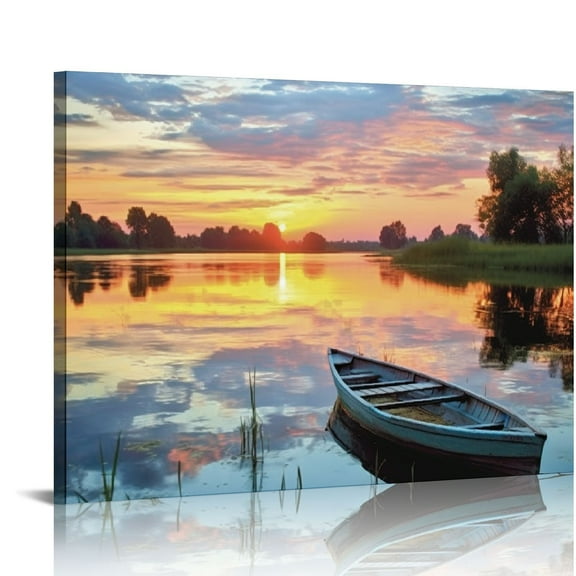 Nawypu Lake Sunset Canvas Wall Art: Large Forest Landscape Scenery Prints Nature Green Water Reed Painting Wilderness Boat Shore Gallery Artwork Sunrise Skyline Scene Picture for Living Room