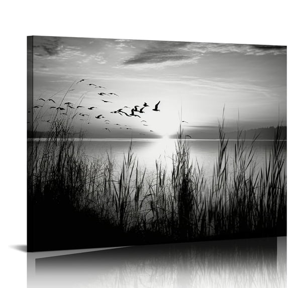Nawypu Lake Sunset Wall Art Bedroom Decor Black and White Nature Canvas Pictures Botanical Reed Birds Photo Prints Modern Artwork for Living Room Dining Room Kitchen Home Decor 20x16 inch