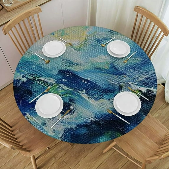 Nawypu Landscape Round Table Cloth Washable Reusable Painting Round Elastic Tablecloth Fitted Vinyl Table Cover Waterproof Elasticized Edge