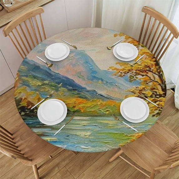 Nawypu Landscape Vinyl Fitted Tablecloth Round Painting Round Table Covers, Stretchable Elastic Tablecloths Fit Outdoor/Indoor Tables