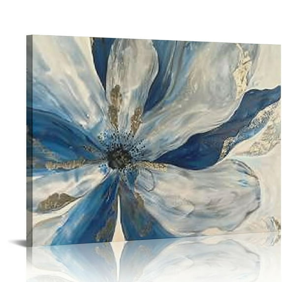 Nawypu Large Blue Flowers Canvas Wall Art With Gold Foil For Living Room -Metel Framed Abstract Canvas Prints Wall Decor for Bedroom Home Decorations