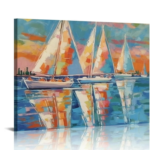 Nawypu Large Blue Ocean Wall Art Teal Sailboat Picture Summer Coastal Painting Abstract Canvas Print Framed Contemporary Artwork for Living Room Bedroom Bathroom Home Office Wall Decor