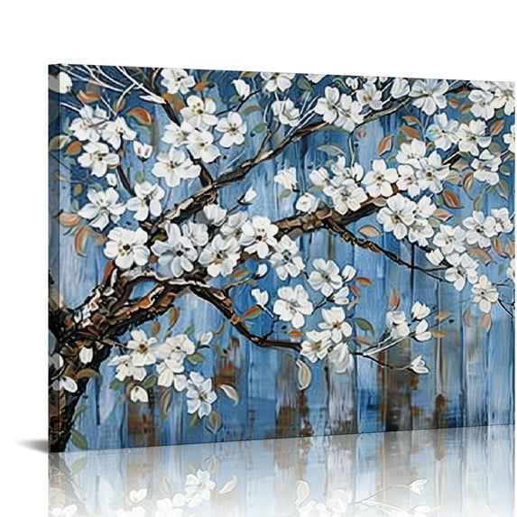 Nawypu Large Canvas Framed Wall Art White Flowers, Pictures, Modern Canvas Wall Art for Living Room, Bedroom Family Wall Decor Decoration, Size 24x48 Wall Art(With Soild Wood Dark Framed)