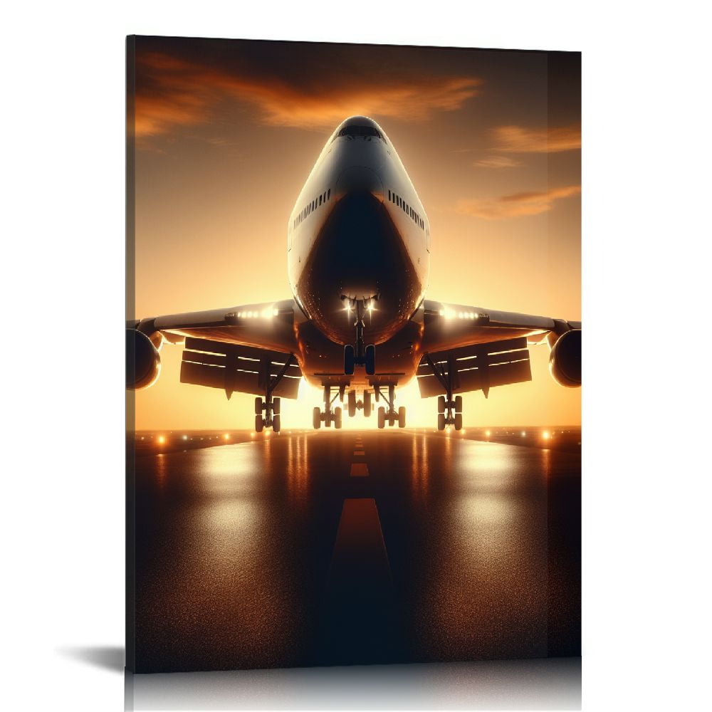 Nawypu Large Canvas Painting Wall Art Airplane at Sunset Picture Print ...