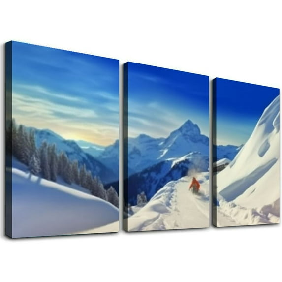 Nawypu Large Framed Wall Art Ready to Hang Winter snow covered mountain panoramic landscape Canvas Print Artwork Wall Art Painting Pictures Home Office Wall Décor Modern Poster 12''x16''X3 Panels