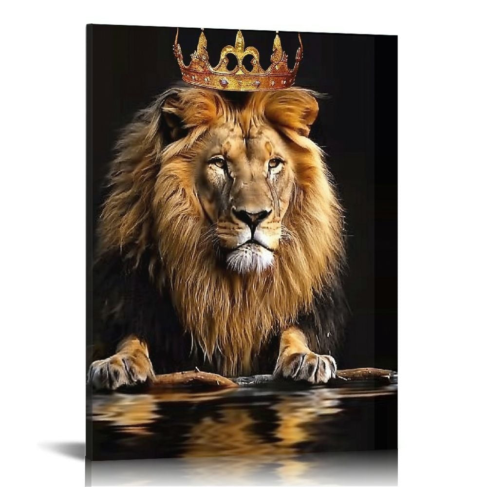 Nawypu Large Lion Canvas Wall Art Lion King with Crown Black Gold Wall ...