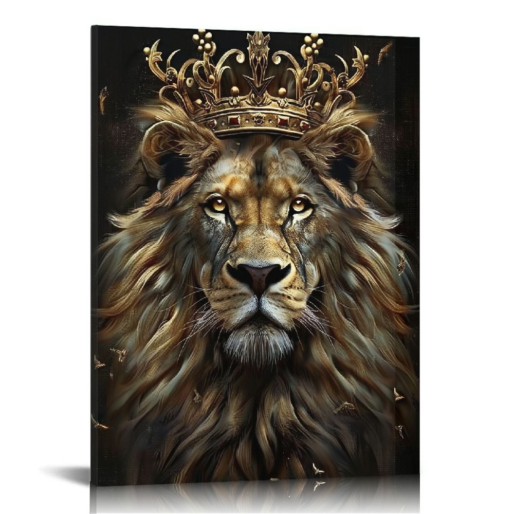 Nawypu Large Lion Canvas Wall Art, lion king with crown Black Gold, Wall Decor Africa wild animals, Prints Pictures for Man Living Room Bedroom Bathroom Home Decor Ready to Hang, Wall