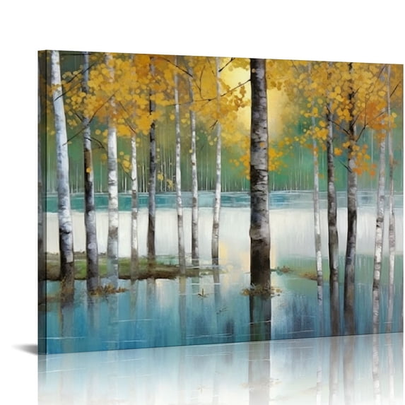Nawypu Large Living Room Wall Decor Abstract Canvas Wall Art Yellow Trees White Birch Green Lake Landscape Painting Picture Giclee Print Framed Artwork Modern Home Bedroom Decor Ready to Hang