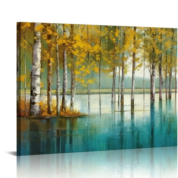 Nawypu Large Living Room Wall Decor Abstract Canvas Wall Art Yellow Trees White Birch Green Lake Landscape Painting Picture Framed Artwork for Walls Ready to Hang