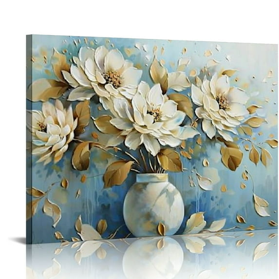 Nawypu  Large Wall Art White Flower Canvas Painting Prints Abstract Floral Golden Line Pictures Wall Decor Modern Artwork Home Decoration for Living Room Bedroom Dining Room