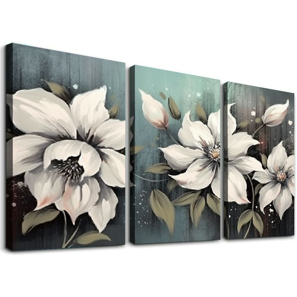 Nawypu Large White Lotus Flower Wall Art Gray Cyan Canvas Wall Art for ...