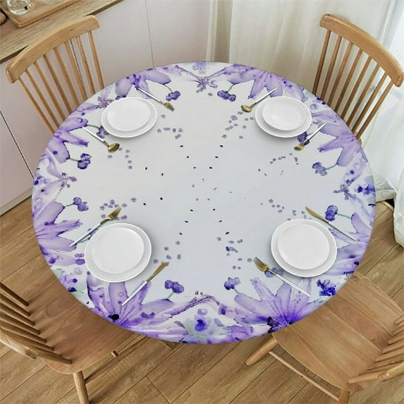 Nawypu Lavender Spring Flowers Tablecloth Round Purple Florals Butterfly Table Cloths Fabric Spring/Summer Flowers Leaf Table Cover for Kitchen Dining Room Picnic Party Spring Outdoor